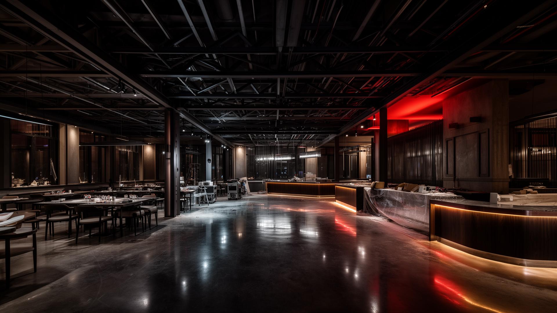 Modern commercial construction interior with exposed steel and concrete